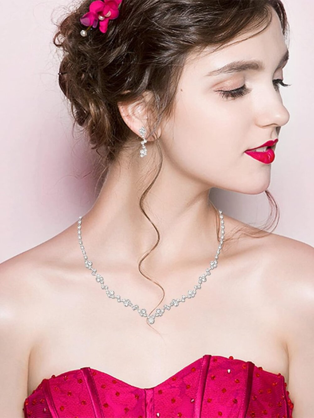 Elegant Bridal Crystal Jewelry Set — Silver-Plated Necklace, Earrings & Bracelet - Picture 2 of 6